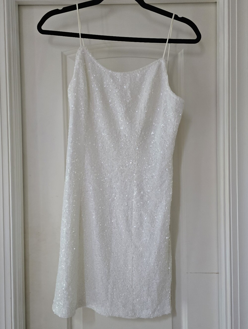 Women's White Sequin Slip Dress - Elegant Spaghetti Strap